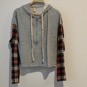 Rewash Gray Hoodie with Red and Black Plaid Sleeves